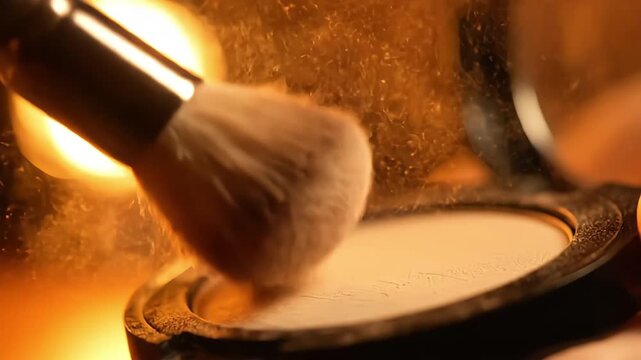A makeup brush gently applies face powder from a compact with a golden glow
