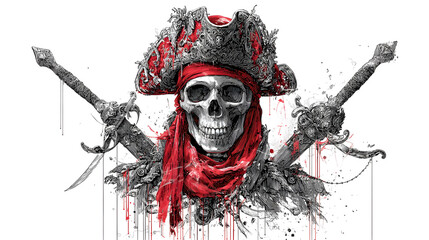 Ornate pirate skull with red bandana and swords on black background