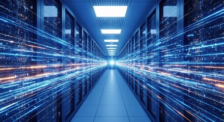 Bright light streams in a futuristic data center filled with server racks and glowing digital lines