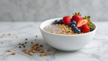 Simple white bowl with fresh fruit, chia pudding, and nuts, neutral background, clean composition with natural textures,