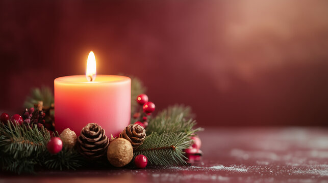 
Advent wreath with one candle lit, minimal composition, copy space.