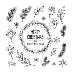 Merry Christmas hand-drawn vector decoration set, featuring wreaths, fir branches, berries, snowflakes, and greeting text. Isolated on a white background.