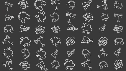 This seamless doodle pattern features hand drawn technology icons representing modern communication and networking concepts. Perfect for technology blogs digital marketing materials web backgrounds - Powered by Adobe