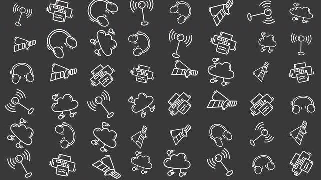 This seamless doodle pattern features hand drawn technology icons representing modern communication and networking concepts. Perfect for technology blogs digital marketing materials web backgrounds 