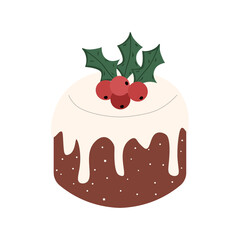 Christmas pudding illustration with holly and berries festive holiday dessert. 