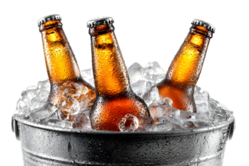 Chilled amber beer bottles in ice-filled metal bucket on black background