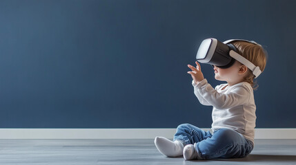 
Toddler sitting with VR headset, touching virtual world, minimal background, space for text.