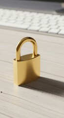 Fototapeta premium Golden padlock on wooden surface near keyboard highlights themes of security and protection in a modern workspace