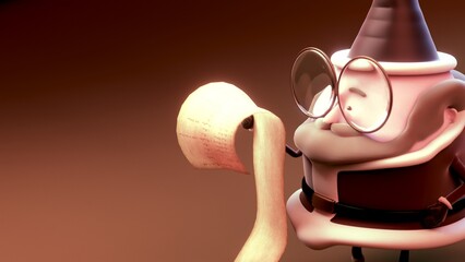 3D cute Santa character reading a long Christmas list