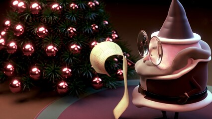 3D Santa reading Christmas list by the tree