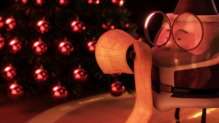 3D Santa Claus checking his list by Christmas tree
