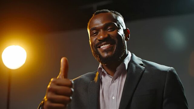 A young man confidently gives a thumbs-up while wearing a stylish suit, showcasing a positive attitude. The young man's gesture and outfit complement the warm lighting in the scene
