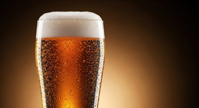 Golden beer served in a clear glass with bubbles on a dark background during an evening gathering