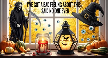 Grim reaper with scythe and halloween decorations including pumpkins, candles, and a witch hat, with text ive got a bad feeling about this, said no one ever