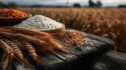 Farm product concept with natural grains.

Organic whole grain wheat seeds and ears