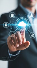 Fototapeta premium Businessman interacting with digital cloud technology in a modern office setting