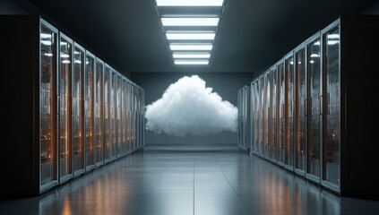 Server room aisle with glowing racks and a floating white cloud.