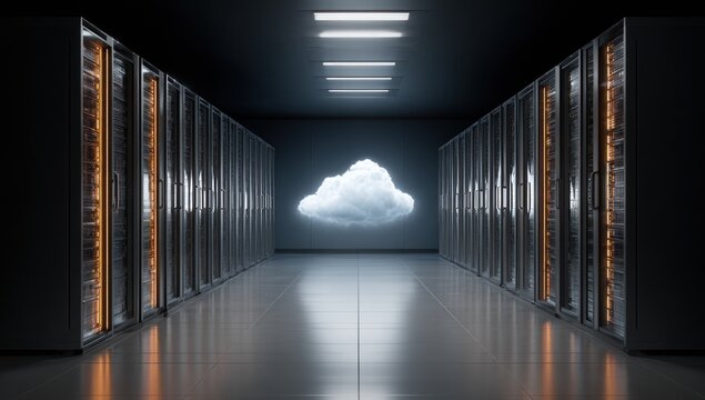 Server room aisle with glowing racks facing a floating digital cloud.