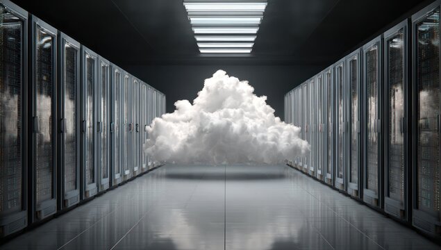 Cloud computing concept in a dark server room with glowing racks. - Powered by Adobe