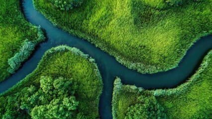 An aerial view of a winding river cutting through lush green wetlands and mangrove-like vegetation. Concept Aerial river panorama, Winding river through lush wetlands, Mangrove-like vegetation