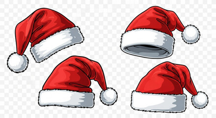 A festive assortment of Santa hats, red with white trim, playfully arranged to evoke the joyful spirit of the holiday season, embodying the anticipation and cheer of Christmas. vector illustration