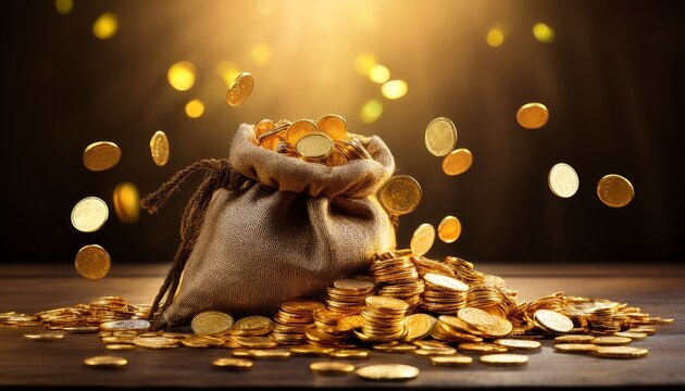 a bag spills gold coins symbolizing wealth and abundance visually