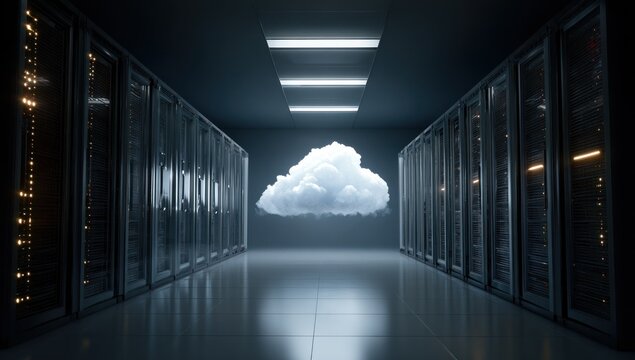 Cloud computing concept in a dark server room with glowing lights. - Powered by Adobe