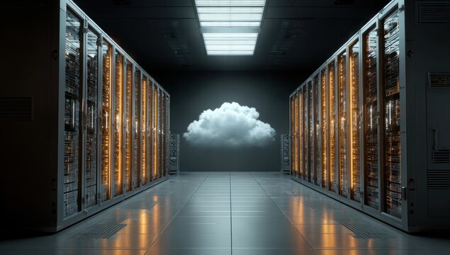 Server room aisle with glowing racks and a cloud symbol.
