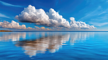 Minimal coastline scene with mirror-like water surface reflecting clouds, surreal tranquility