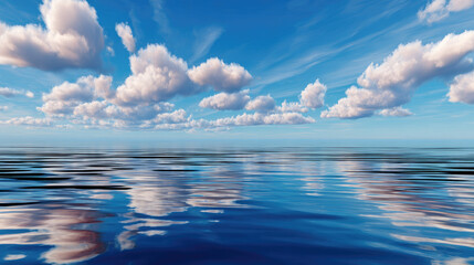 Obraz premium Minimal coastline scene with mirror-like water surface reflecting clouds, surreal tranquility