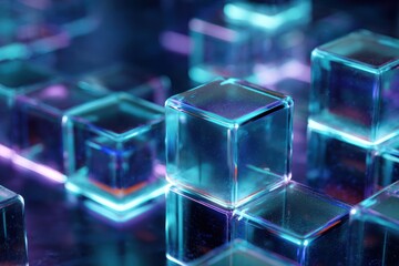 Glowing translucent cubes arranged in a dark abstract technological formation.