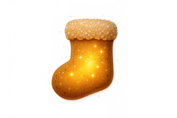 Gingerbread christmas stocking shining with sugar glitter for holiday season celebration on transparent background