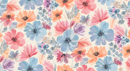 Beautiful floral seamless pattern with hand drawn watercolor abstract flowers. Stock illustration. Gentle summer design. Seamless print