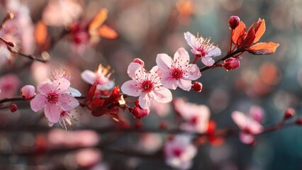 Close-up of pink blossoms on a tree branch against a soft, blurred background. Concept Close-up pink blossoms, Tree branch detail, Soft blurred background, Bokeh effect, Nature photography