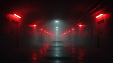 A dimly lit corridor with glowing red lights creates an eerie atmosphere surrounded by fog.