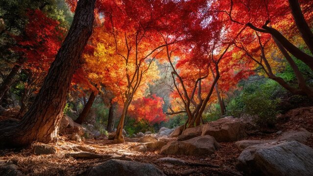 Autumn forest with bright red and orange leaves, sunlight filtering through trees onto a rocky forest floor. Concept Autumn Forest Aesthetics, Sunlit Foliage, Red-Orange Leaves, Rocky Forest Floor