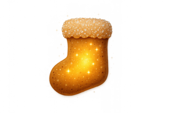 Gingerbread christmas stocking shining with sugar glitter for holiday season celebration on transparent background