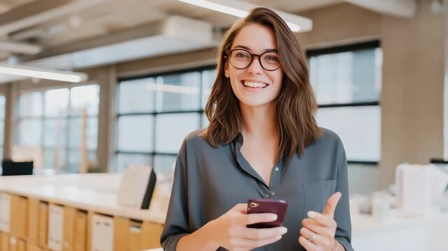A woman is smiling and holding a cell phone. She is standing in front of a white wall with a window