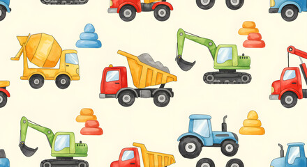 Beautiful vector childish seamless pattern with hand drawn watercolor kid toys illustrations. Construction equipment concrete mixer dump truck excavator tractor
