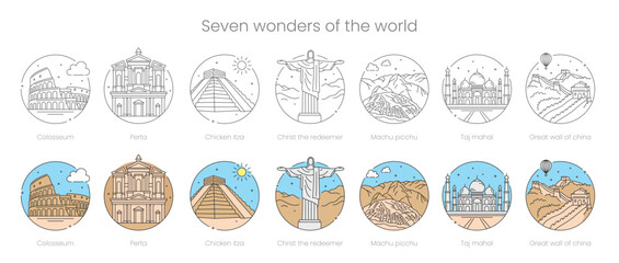 Seven Wonders of the World Vector Line art illustration Set