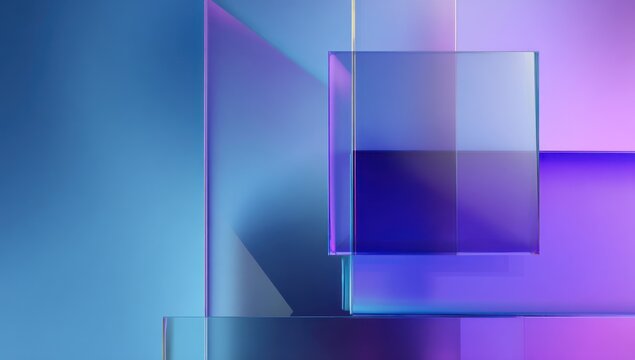 Abstract composition of overlapping translucent geometric shapes with blue purple gradients.