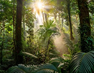 tropical rainforest with sun rays