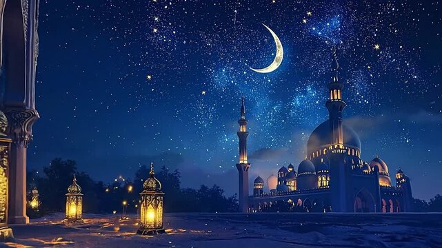 Enchanting Night Scene Mosque with Lanterns Under a Starry Sky for Ramadan and Cultural Events