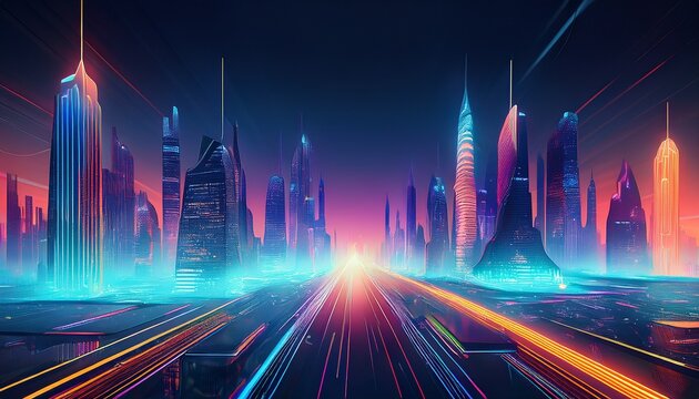 futuristic cityscape with glowing skyscrapers