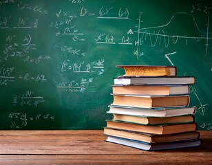 stack of books on wooden table in a classroom green chalkboard in the background