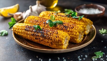 delicious grilled corn on the cob garnished with spices and herbs