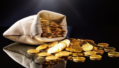 a bag filled with shining gold coins spilled over a reflective surface