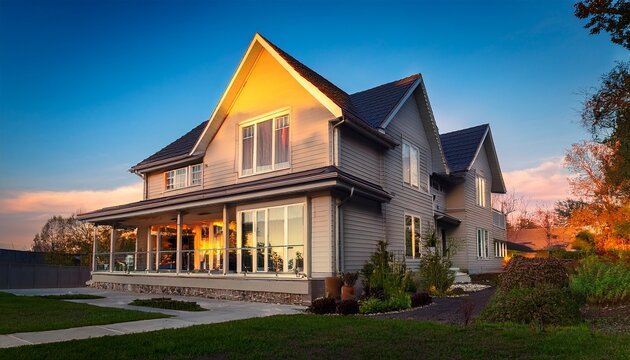 a beautiful two story house reflecting warmth in evening light
