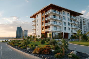 Contemporary residential building exterior with landscaped garden and modern balconies under evening sunlight representing urban architecture and design concept