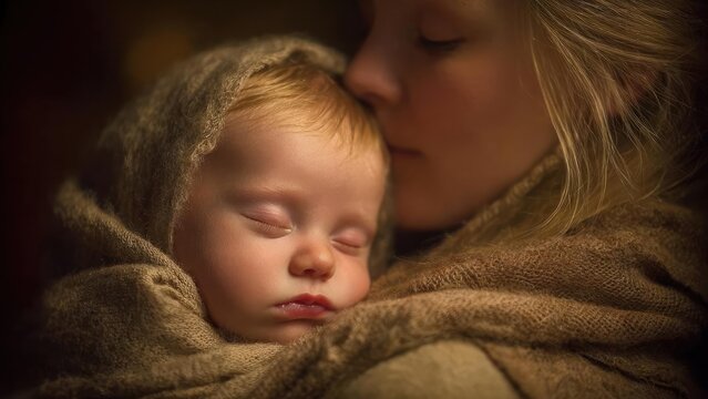 Newborn sleeping baby wrapped in a brown blanket, cradled in a mother's arms Concept Newborn Portrait, Baby in Brown Blanket, Mother and Baby, Soft Lighting, Tender Moment - Powered by Adobe